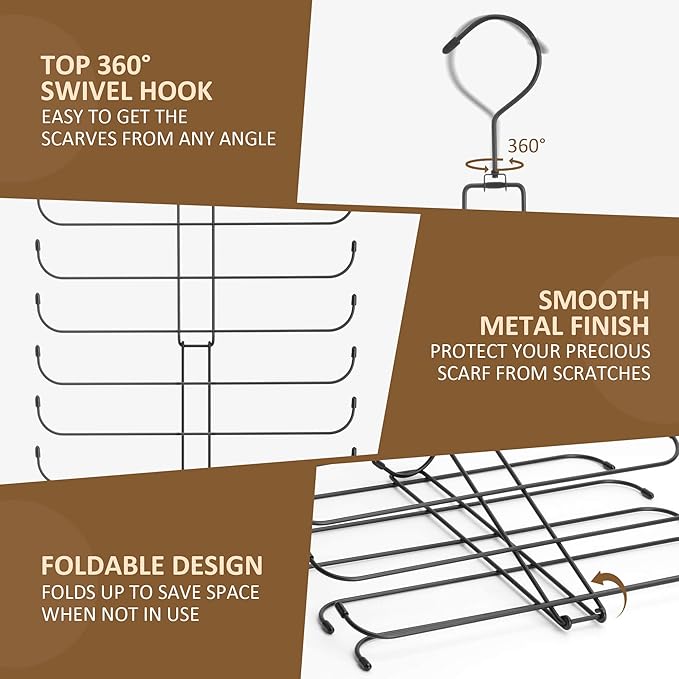 ZEDODIER Scarf Organizer Scarf Hanger for Closet, 2 Pack Rotatable Sturdy Hijab Holder Holds 40 Scarves, Space Saving Closet Organizers and Storage, Black