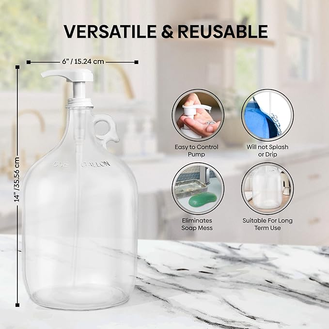 Gallon Glass Pump Dispenser Bottle, Large Jug Laundry Liquid Detergent Dispenser with Pump for Laundry Room Organization, Soap, Fabric Softener, Commercial Condiment Dispenser- 128 oz by Kitchentoolz