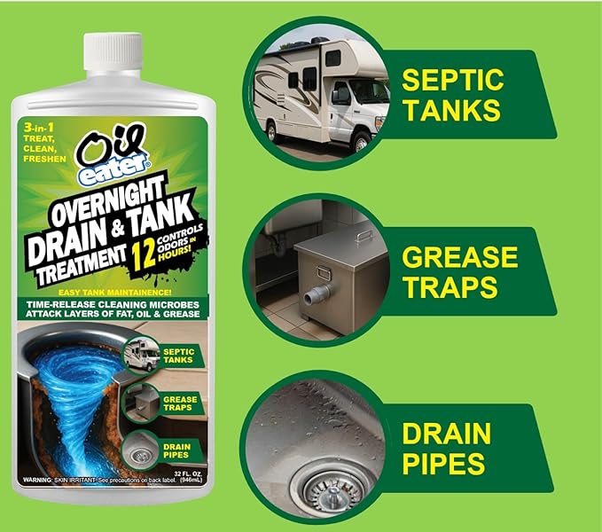 Oil Eater 3-in-1 Microbial Tank Treatment Cleaner, Deodorizer - Grease Traps, Septic Tanks & Drain Pipes, 5-Gallon Pail