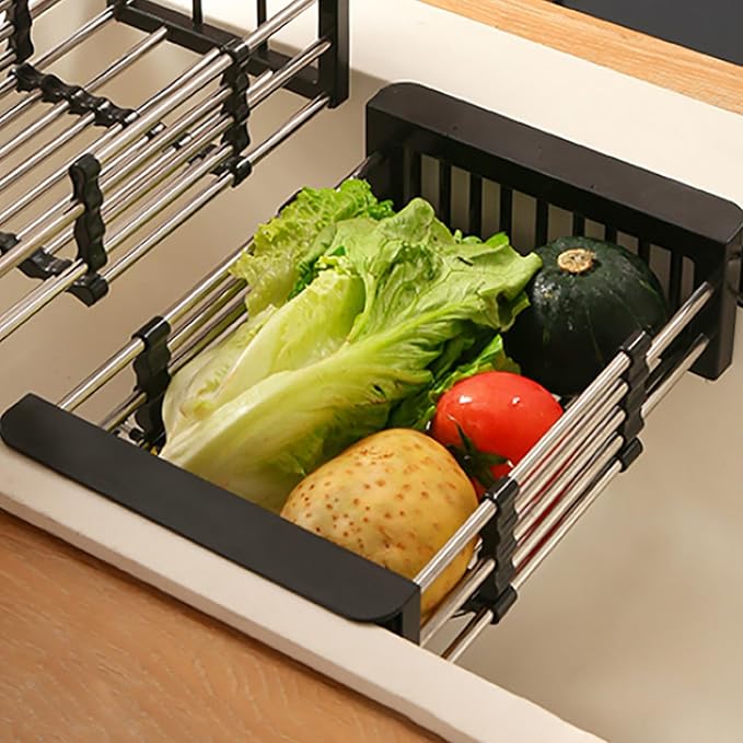 Large Dish Drying Rack - Extendable Dish Rack, Multifunctional Dish Rack for Kitchen Counter, Anti-Rust Dish Drainers with Cutlery and Cup Holders (Black)