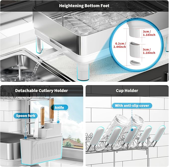 Large Dish Drying Rack, 304 Stainless Steel Dish Racks for Kitchen Counter, Automatic Drainage Spout, Rustproof Kitchen Dish Drainers with Drainboard, Utensil Holder & Glass Holder, White