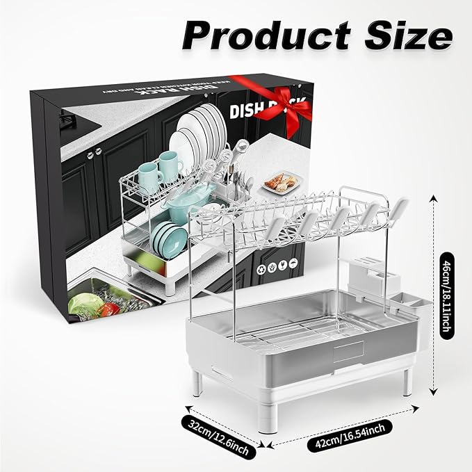 Large Dish Drying Rack, 304 Stainless Steel Dish Racks for Kitchen Counter, Automatic Drainage Spout, Rustproof Kitchen Dish Drainers with Drainboard, Utensil Holder & Glass Holder, White