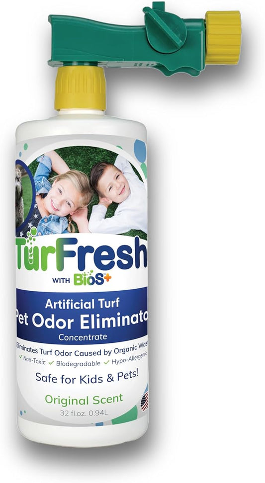 TurFresh BioS+ Artificial Turf Pet Odor Eliminator – Enzyme Concentrate for Dog Urine and Feces for Artificial Grass, Kennels & Outdoor Surfaces – Safe for Kids, Pets & Plants – 32 oz Bottle