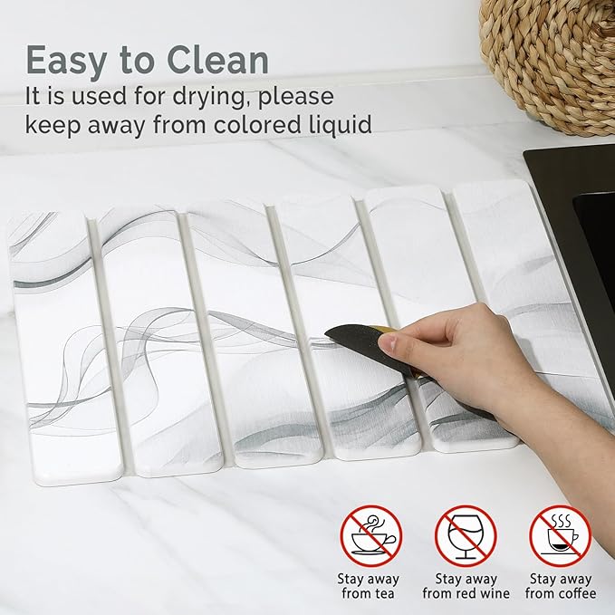 Small Stone Dish Drying Mat for Kitchen Counter, 2 PCS 16"×12" & 8"x4" Quick Dry Stone Mats, Foldable Water Absorbing Diatomaceous Earth Drying Dish Pad for Countertop Bottle Utensil Cup(White Gray)