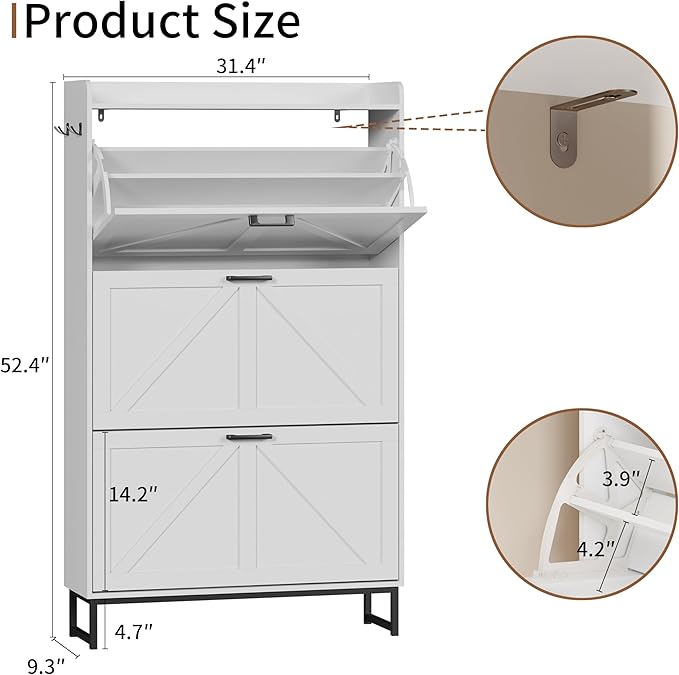Shoe Cabinet with 3 Flip Drawers, Freestanding Hidden Shoe Storage Organizer for Entryway, Narrow Slim Shoe Rack Cabinet with Open Storage & Hooks for Front Door Entrance, Living Room, Hallway, White