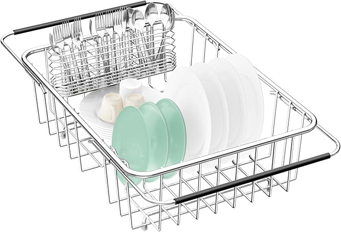 Large Dish Drainer Rack in Sink Adjustable, Expandable 304 Stainless Steel Metal Dish Drying Rack Organizer with Stainless Steel Utensil Holder Over Inside Sink Counter, Rustproof