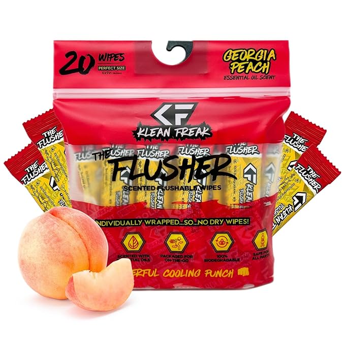 THE KLEAN FREAK FLUSHER - Flushable Wipes For Adults & Kids - 100% BIODEGRADABLE Individual Wrapped Travel WET Wipe for Toilet - Soothing Aloe & Witch Hazel - Alcohol Free 20 Pack -Georgia Peach