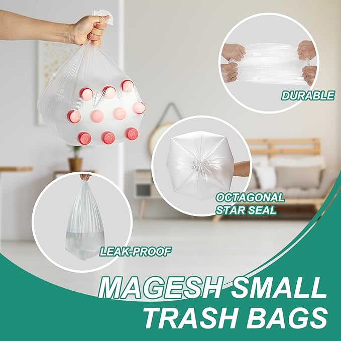 Magesh 4 Gallon Trash Bag Strong, Leakage-Free, Small Garbage Bags Unscented Thick for Bathroom, Office, Kitchen Small Trash Can, 15L, 1000 Bags, Clear