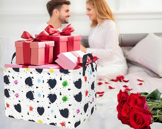 Valentines Day Basket Large Foldable Heart Shaped Storage Box for Gifts Kids Empty Storage Bins Rectangular Toy Organizer Decor (Black Pink Line Love)