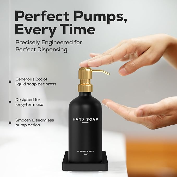 Luxury Glass Soap and Lotion Dispenser Set with Tray by Brighter Barns - Black and Gold Soap Dispenser Bathroom Set - Modern Bathroom Decor for Airbnb, Guest House, Vacation Rental, Gift (Black/Gold)