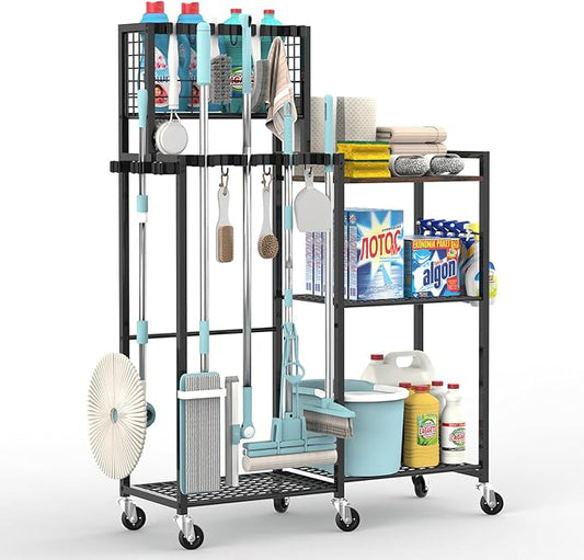 Broom Holder with Cleaning Supplies Organizer, Cleaning Cart with Broom Hanger, Broom and Mop Holder with Wheels,11 Mop Hanger Grippers & 6 Hooks, Broom Organizer for Laundry, Garage, Tool Room