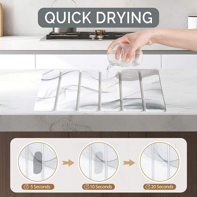 Small Stone Dish Drying Mat for Kitchen Counter, 2 PCS 16"×12" & 8"x4" Quick Dry Stone Mats, Foldable Water Absorbing Diatomaceous Earth Drying Dish Pad for Countertop Bottle Utensil Cup(White Gray)