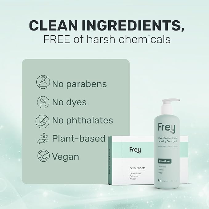 FREY Classic Laundry Bundle – Concentrated Liquid Detergent (Up to 50 Loads) + Dryer Sheets (30 Sheets) – Plant-Derived Formulation, HE Compatible (Cedar Grove)