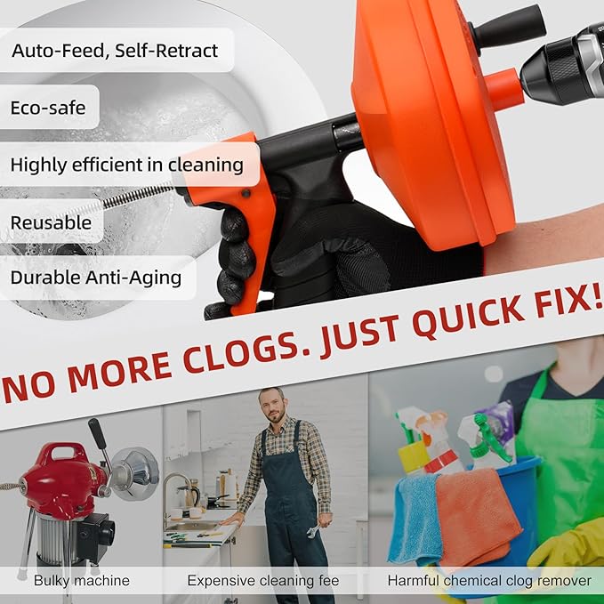 50FT Drain Snake for Clog Removal, Drill Powered & Manual Auger with Auto-Feed, 1/4 Inch Plumbing Snake for Kitchen Sink, Shower & Bathtub Drain, Hair Clog Remover Tool with Gloves & Storage Bag