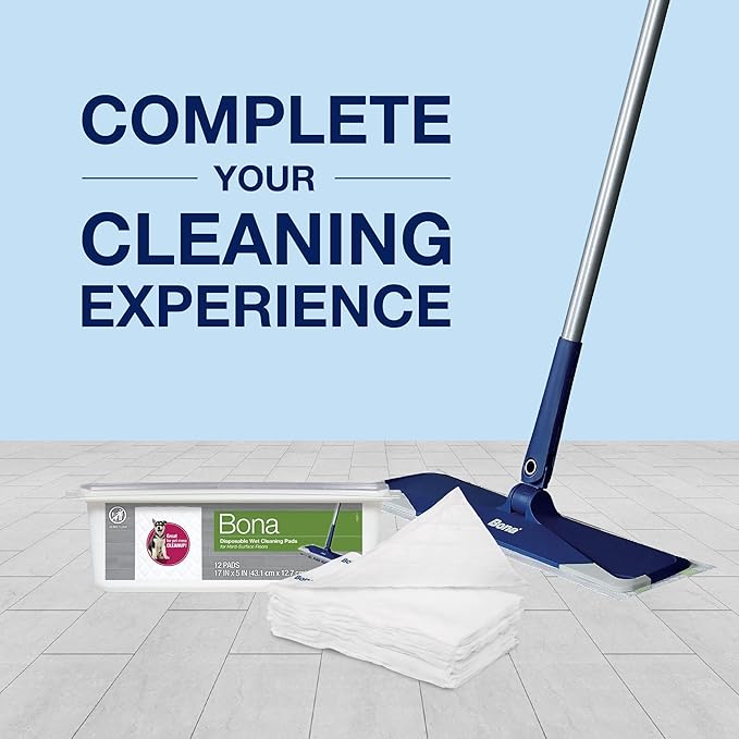 Bona Multi-Surface Floor Disposable Wet Cleaning Pads - 12-Pack - Residue-Free Floor Cleaning Solution for Stone, Tile, Laminate, and Vinyl Floors