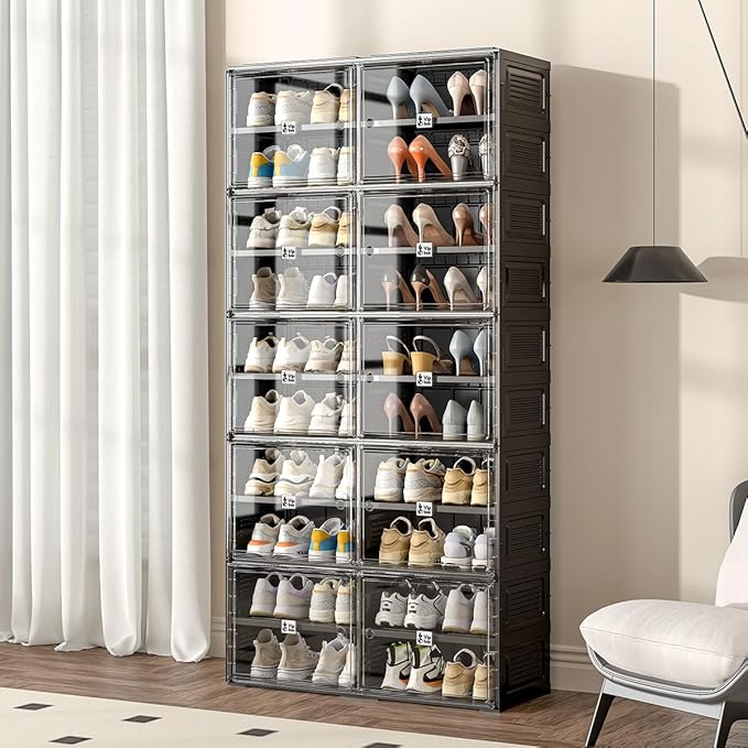 Shoe Rack Organizer Cabinet for Closet Entryway,Clear Shoe Storage Boxes Stackable Sneaker Storage with Door Easy Assembly Black Shoe Cabinet with Lids Large 10 Tiers 40 Pairs
