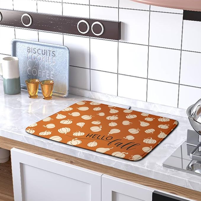 Hello Fall Drying Mat for Kitchen Counter Autumn Orange Pumpkin Dry Dish Mat Thanksgiving Absorbent Microfiber Dish Draining Washable Dish Drainer Rack Mat 16x18 Inch