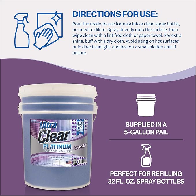 Ultra Clear Platinum Glass Cleaner, Crystal Clear Streak-Free Shine Polished Finish, for Commercial and Residential Use Lavender Fresh, 5 Gallons