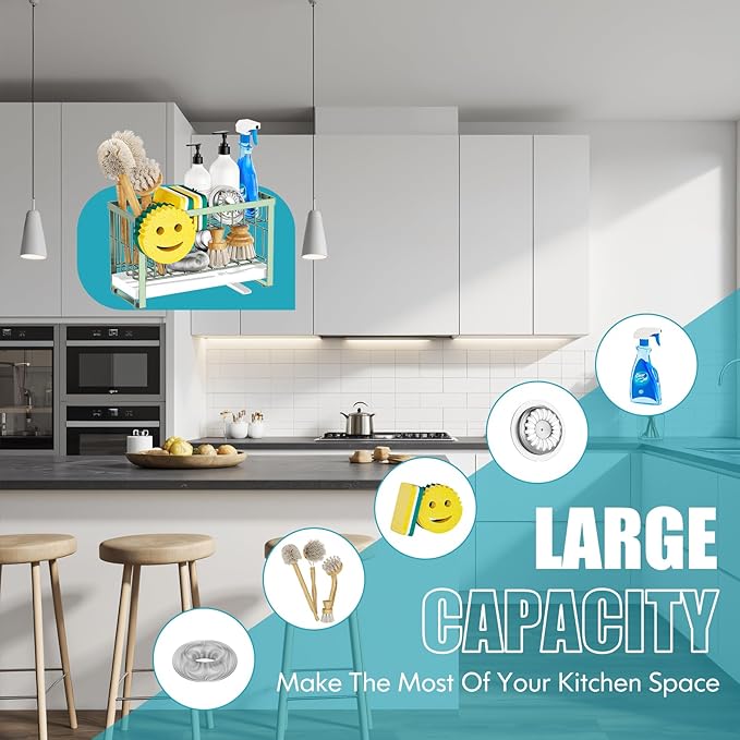 Sponge Holder for Kitchen Sink with Flexible Sink Caddy Smiley Face,2 Tier Kitchen Sink Organizer Countertop and Storage Essentials,Soap Dispenser Organize,Home Decor Accessories-Green