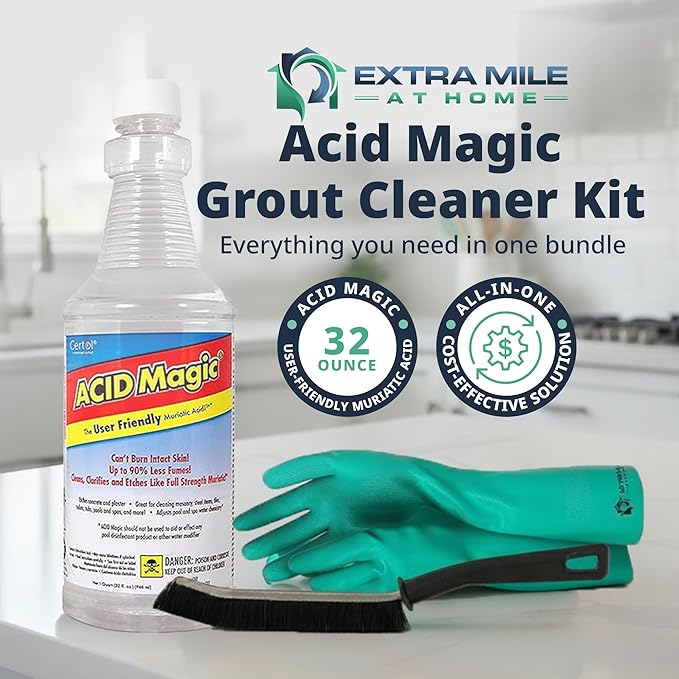 Acid Magic 32 oz Grout Cleaner Bundle with Heavy-Duty Gloves & Grout Brush - 3 Items - Shower Tile Cleaner Removes Limescale, Calcium & Buildup on Swimming Pools and Floors