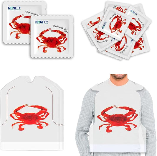 Nonley 60/100 Pack Crab Bib + Wet Wipe Set, Disposable Plastic Crawfish Bibs for Adults Seafood Boil Party Supplies
