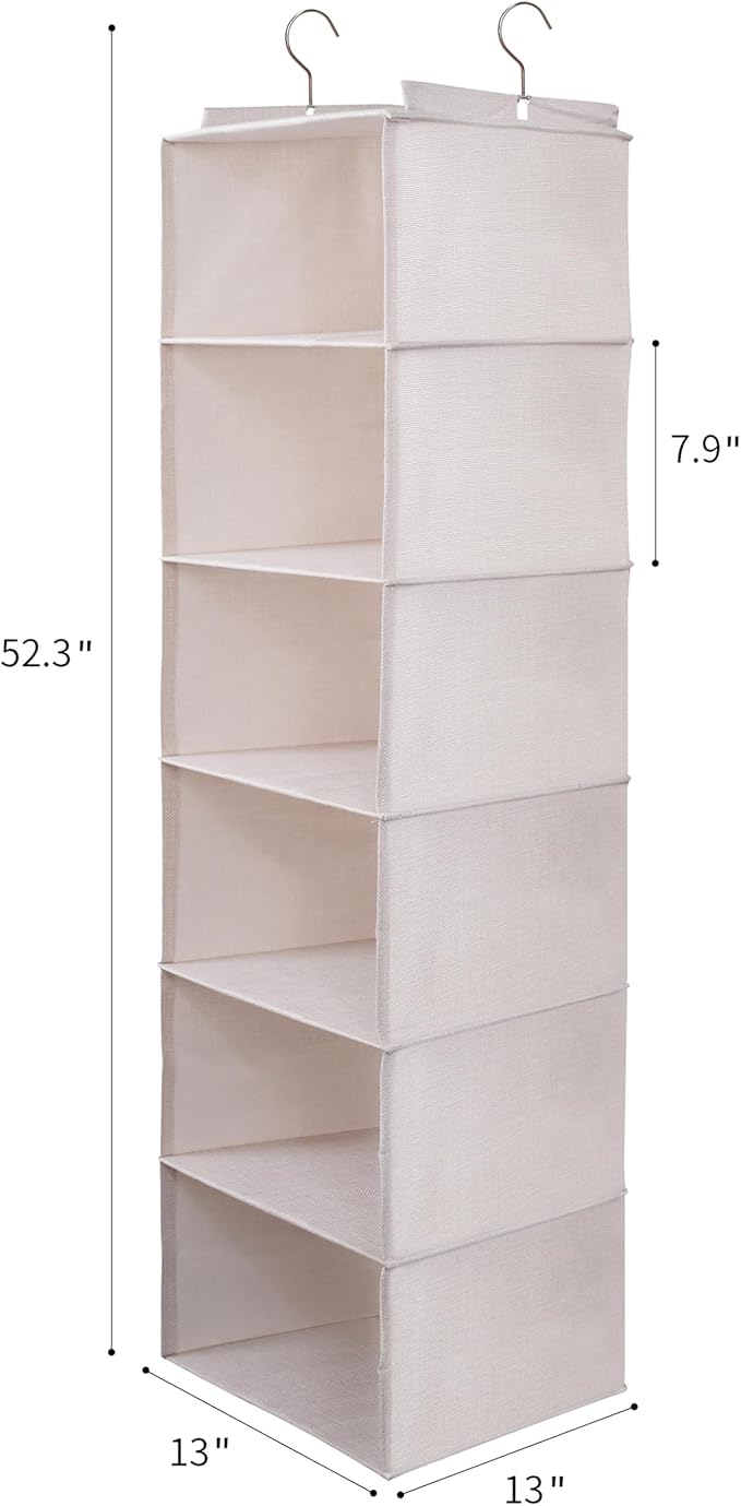 Large Hanging Sweater Organizer for Closet,Collapsible 6-Shelf Hanging Closet Shelves with Drawers, Washable (Beige -6 Shelf-2 d)