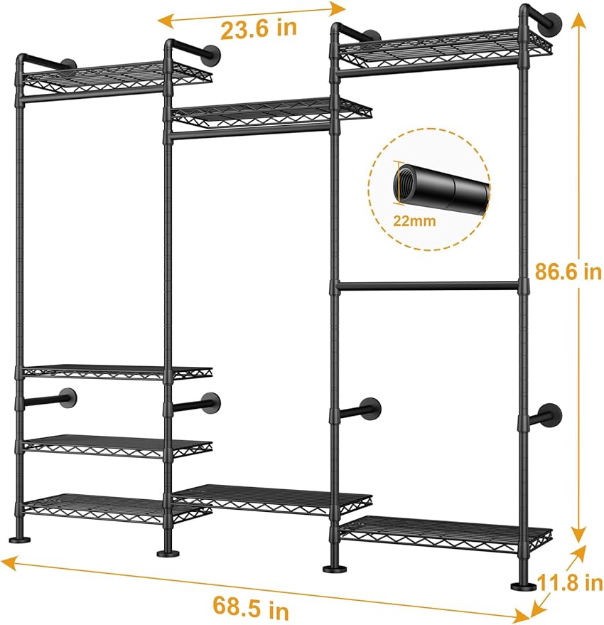 M6 Clothes Rack for Wall Mounted, Heavy Duty Closet Wardrobe System with 8 Shelves and 4 Hanger Rods, 68.5" W x 11.8" D x 86.6" H Clothing Storage Organizer for Holding 1064lbs, Black