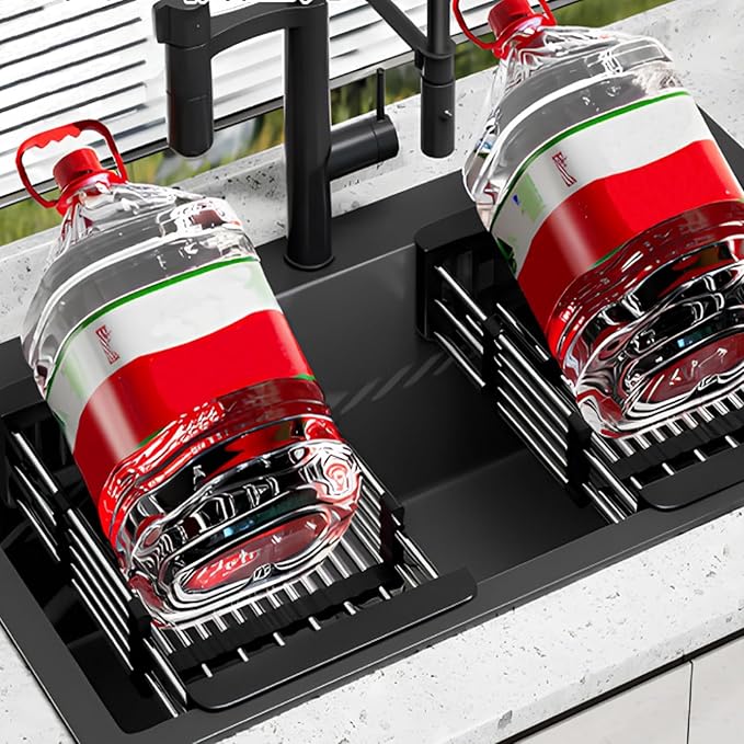 Large Dish Drying Rack - Extendable Dish Rack, Multifunctional Dish Rack for Kitchen Counter, Anti-Rust Dish Drainers with Cutlery and Cup Holders (Black)