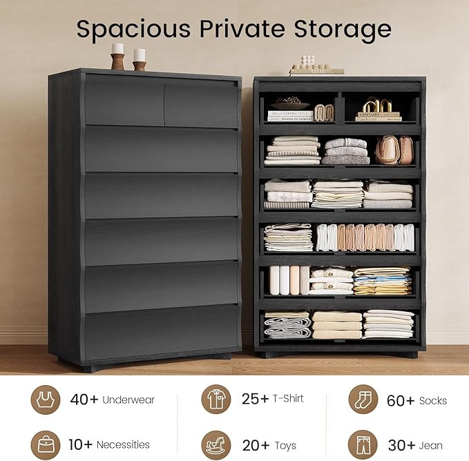 SUCSSRICH Black Tall Dresser for Bedroom, 52.8" Tall Dresser with 7 Drawers, Wood Dressers & Chests of Drawers, Accent Upright Drawer Organizers for Closet, Hallway