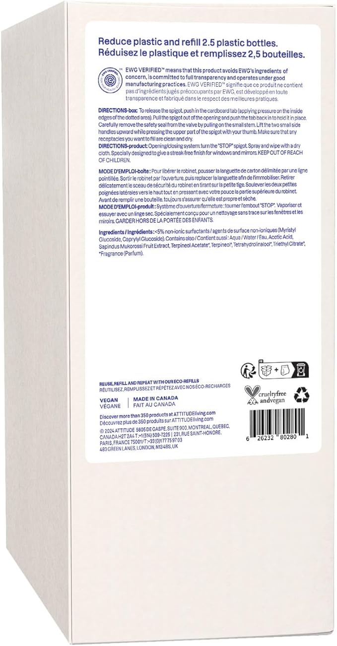 ATTITUDE Window & Mirror Cleaner Refill, EWG Verified, Plant- & Mineral-Based, Vegan & Streak-Free Glass Spray, Citrus Zest Scent, 67.6 Fl Oz