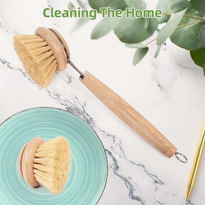 Bamboo Scrub Brush with Handle - Soft Bristles, Non Toxic Dish Brush, Compostable & Biodegradable, Bamboo Dish Scrubber for Cookware, Bowls and Plates, Non-Stick Pans