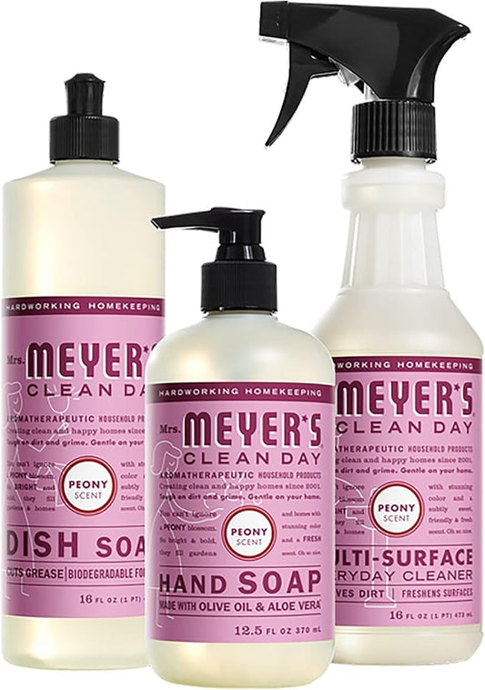 Mrs. MEYER'S Kitchen Set, Dish Soap, Hand Soap, and Multi-Surface Cleaner, 3 CT (Peony)