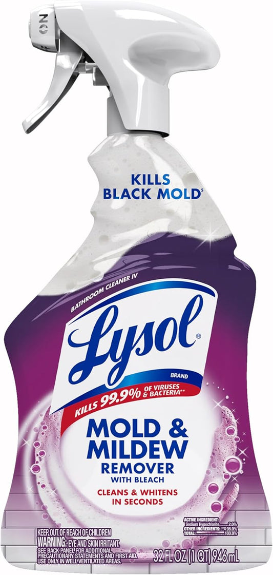Lysol Mold & Mildew Remover Spray, Bathroom & Shower Cleaner, Disinfectant Spray, Stain Remover with Bleach, Tough on Black Mold, Multipurpose Cleaner for Home and Kitchen, 32oz