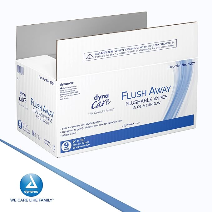 Dynarex DynaCare Flushable Wipes, Bathroom Hygiene Wipes for Adults, Alcohol Free, Safe for Sewers and Septic Systems, 9” x 13” wipes, 1 Case of 9 Tubs (60 Wipes per Tub) [Packaging May Vary]