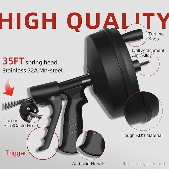 Drain Clog Remover - Fast Unclog Snake | Manual/Drill Powered for Kitchen Sink, Bathtub | Heavy Duty w/Gloves +Storage Bag (Black) (35FT)