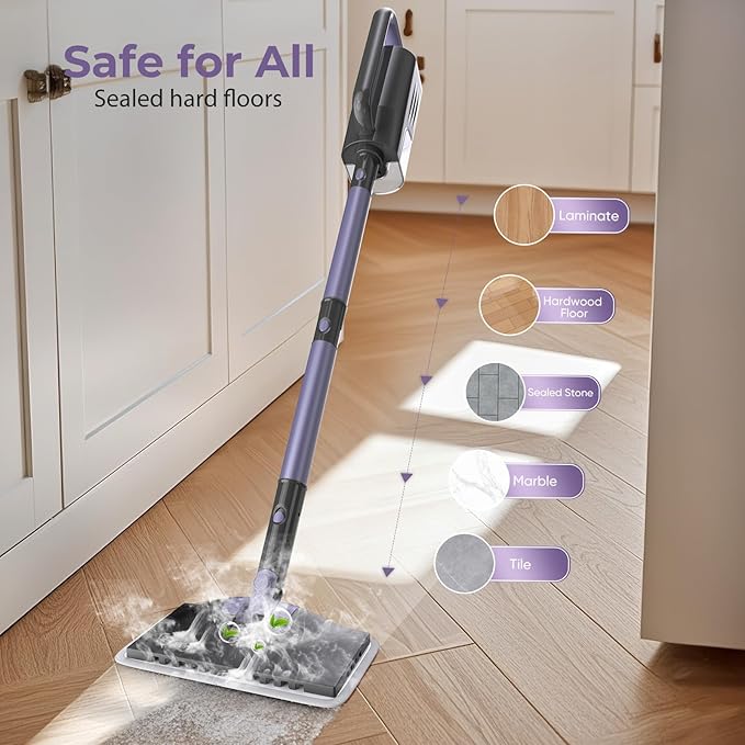 Steam Mop Cleaner with Detachable Handheld Steamer, 6-in-1 Multi Accessories, Removable Water Tank, 23FT Power Cable, Lightweight, Steam Cleaner for sealed Hard Floors (Dark purple)