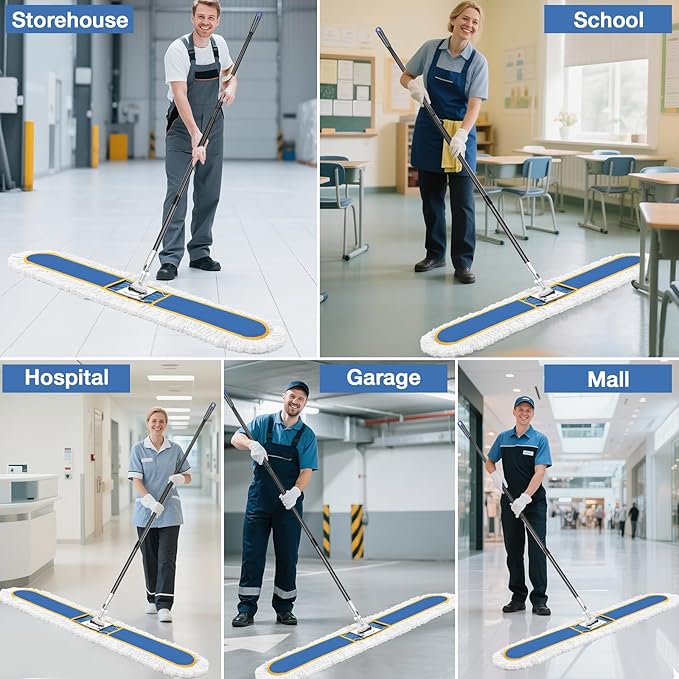 48" Commercial Industrial Dust Mop for Floor Cleaning, Large Floor Dust Broom with Washable Mops Pads, Wet Dry Duster Mops for Hardwood Floors,Marble, Laminate, Tile, Concrete, Garage,Blue