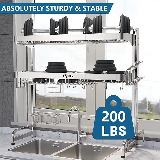 Over Sink Dish Drying Rack, 3 Tier Adjustable Length (20.87'' to 37.6'') Full Stainless Steel Large Storage Kitchen Dish Rack, Expandable Drainer Shelf Rack with Multifunctional Organizers