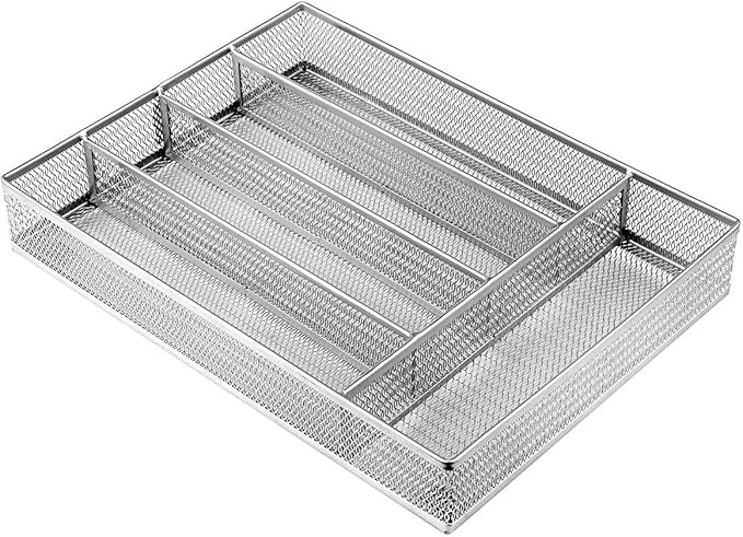 JANE EYRE Drawer Organizer, Cutlery Tray Silverware Flatware Storage Divider for Kitchen, Mesh Wire with Non-slip Foam Feet, 5 Component, Silver