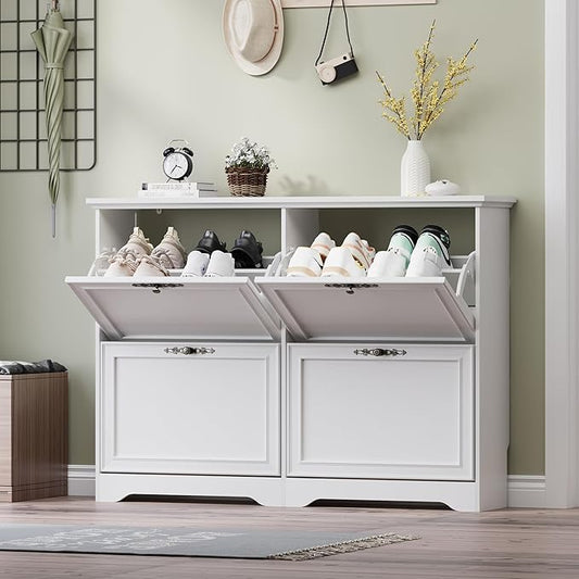 Large Shoe Cabinet for Entryway, 4 Flip Drawer Organizer with Adjustable Shelves, Wooden Slim Shoe Storage Cabinet and Rack for Closet, Hallway, Foyer