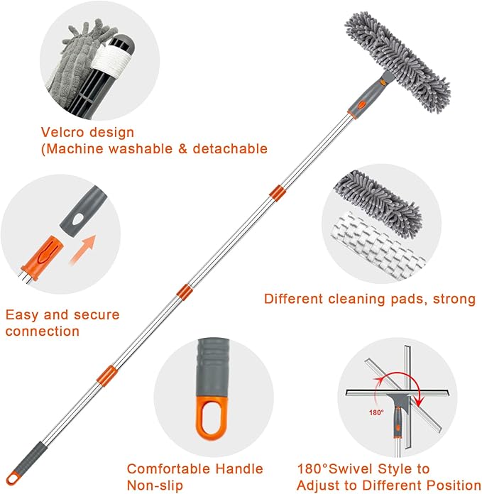 Window Squeegee with Long Handle, 57 inch BITOPE Glass Cleaner Tool with Telescopic Pole, Microfiber Cleaning Pads & Chenille Cloth for Car Windshield, Mirror, Door, Solar Panel, Inside/Outside Window