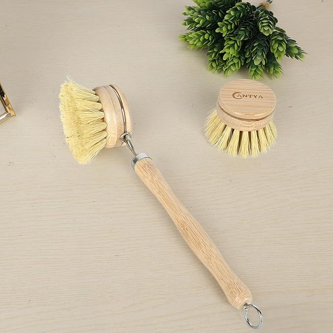 Bamboo Dish Brush with Handle - Soft Bristle, Eco-Friendly Vegetable Brush, Compostable & Sustainable, Bamboo Dish Scrubber for Cleaning Kitchen Utensils