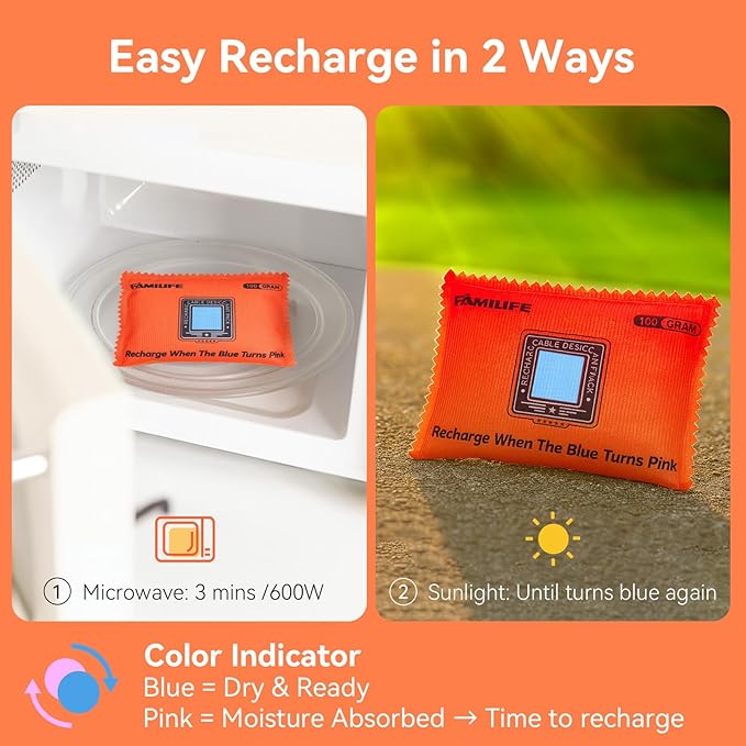 FAMILIFE 100g Rechargeable Desiccant Packs for Storage, Reusable Dehumidifier Bags Color Indicating Silica Gel Packets Portable Moisture Absorbers for Storage Bins, Car, Closet, Gun Safe, Electronics