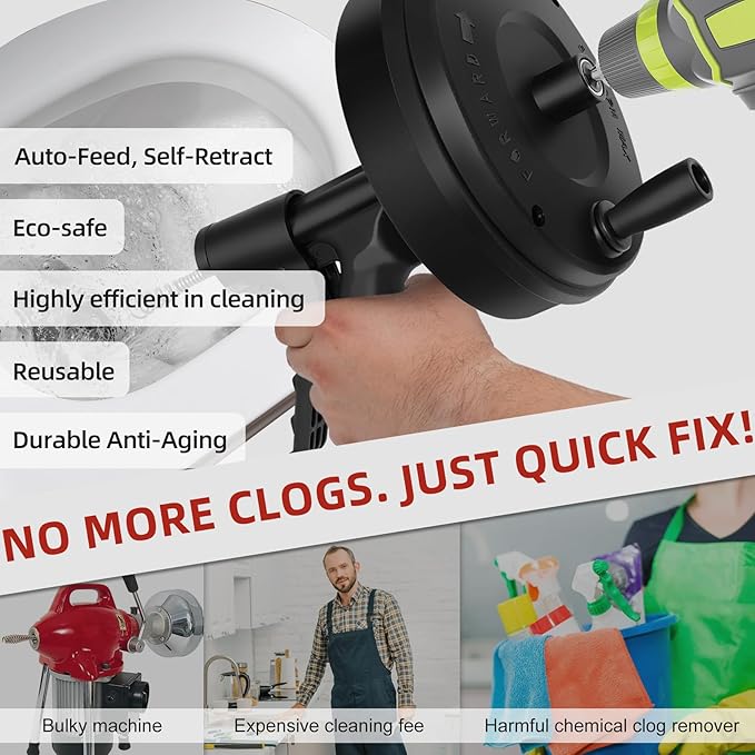 Drain Clog Remover - Fast Unclog Snake | Manual/Drill Powered for Kitchen Sink, Bathtub | Heavy Duty w/Gloves +Storage Bag (Black) (35FT)