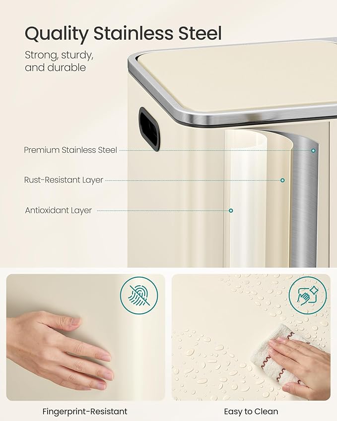 SONGMICS Trash Can, 2 x 10.6 Gallon (2 x 40 L) Garbage Can for Kitchen, with 15 Trash Bags, 2 Compartments, Plastic Inner Buckets and Hinged Lids, Airtight, Almond Color ULTB730A01V1