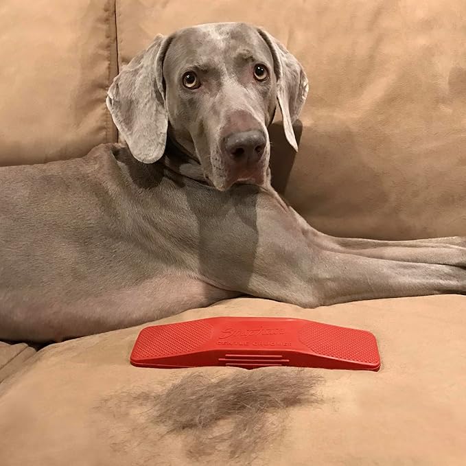 StripHair DOG Horse Grooming Set 2pc Gentle Groomer 6-in-1 Shedding Massage Brush Pet Hair Remover Tool (flexi red) + Dog Pet Wipes (8x8in)