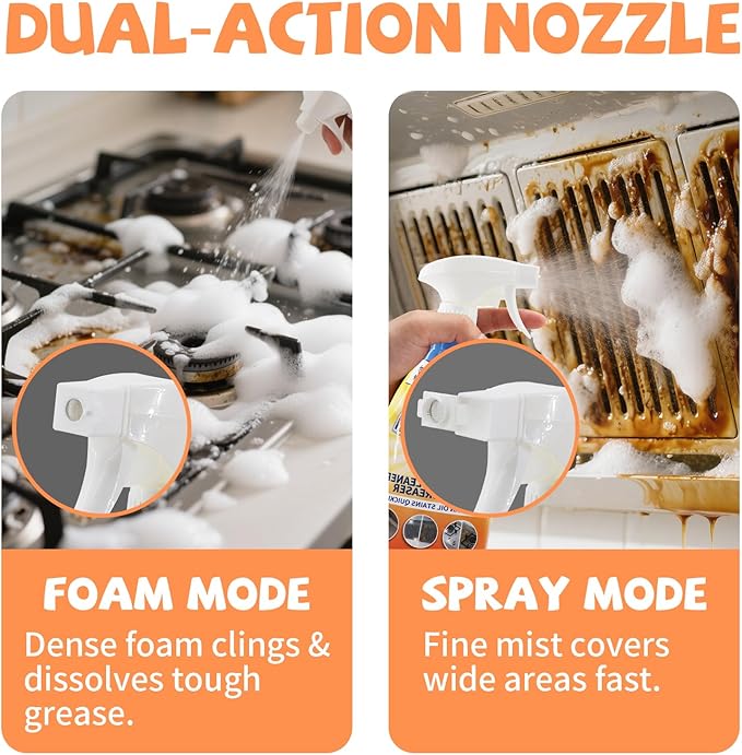 WETQUEEN All Purpose Cleaner Spray, Heavy Duty Kitchen Degreaser Foam & Stubborn Stain Remover for Kitchen, Household, Oven, Stove, Range Hood, Tiles, Dual-Spray Nozzle, Lemon Scent, 16.91 Fl Oz