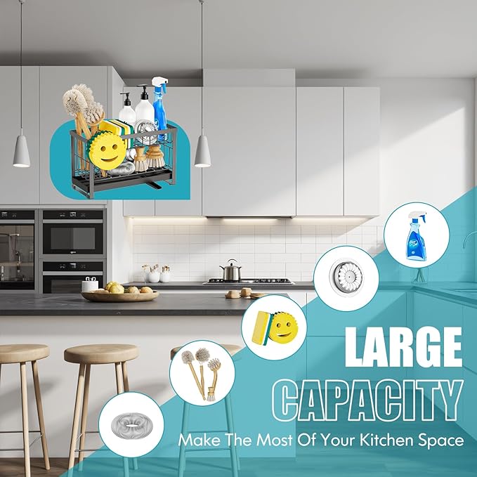 Sponge Holder for Kitchen Sink with Flexible Sink Caddy Smiley Face,2 Tier Kitchen Sink Organizer Countertop and Storage Essentials,Soap Dispenser Organize,Home Decor Accessories-Gray