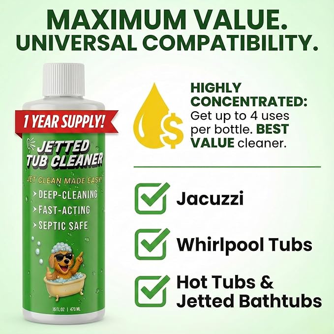 Jetted Tub Cleaner for Whirlpool & Jacuzzi Baths – Deep Jet Line & Pipe Flush Formula Removes Yuck, Buildup & Residue – Heavy Duty Bathtub Jet Cleaner for Acrylic & Fiberglass Tubs – Made in USA