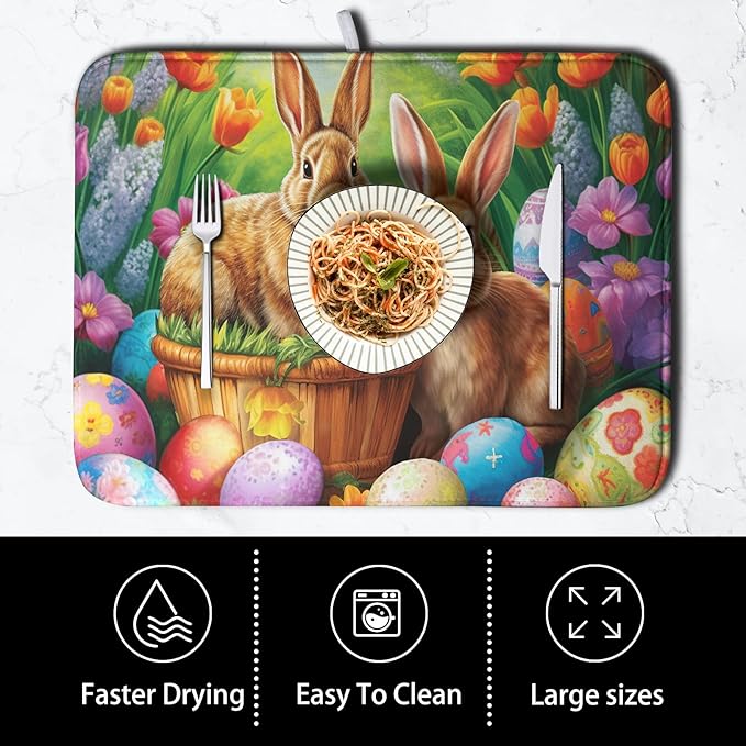 Easter Bunny Eggs Dish Drying Mat for Kitchen Counter, Tulip Floral Flower Drying Mat Spring Summer Holiday Dish Mat Drying Kitchen Mat Absorbent Kitchen Drying Mat for Sink 16x18Inch